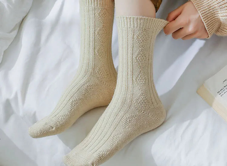 Autumn and Winter Diamond Check Wool Socks Coffee Color with Solid Color Women's Socks in The Tube Women's Warm Cotton Socks