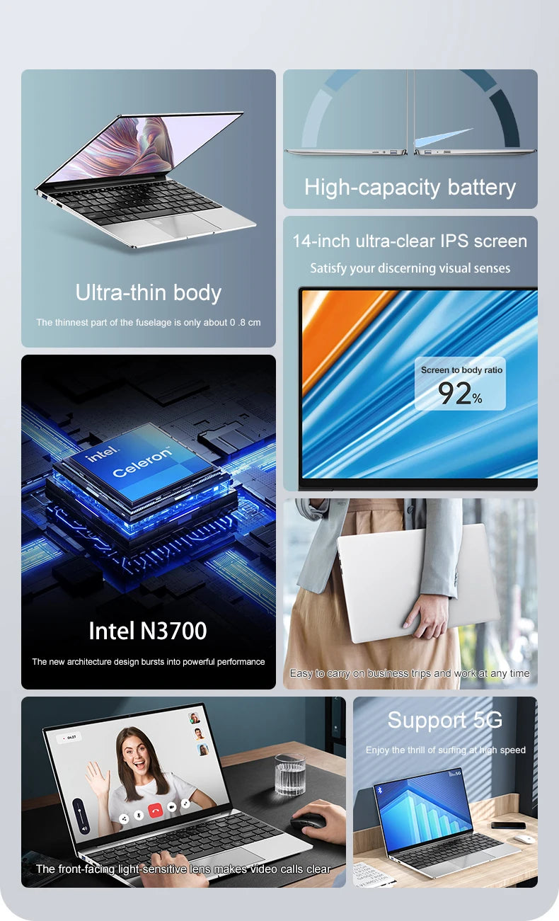 Ultra Slim Laptop 14.1" 16GB RAM 2TB SSD Intel N3700 Notebook Gamer 1920*1080 Display Office Study Computer PC Windows 11 Pro