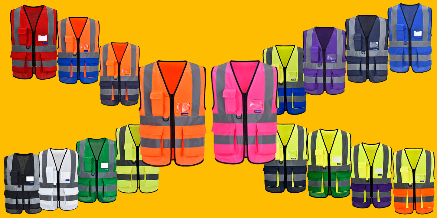 AYKRM 21 Colour (XS-8XL) Hi Vis Viz High Visibility Reflective Zip Pocket Security Waistcoats Jacket Workwear Vests
