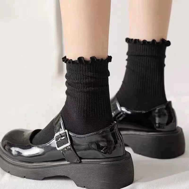 Ruffle Socks for Women 3pair /Lot Mid Crew Middles Tube Ankle High Breathable Black White Calcetines Female Spring Autumn Sock