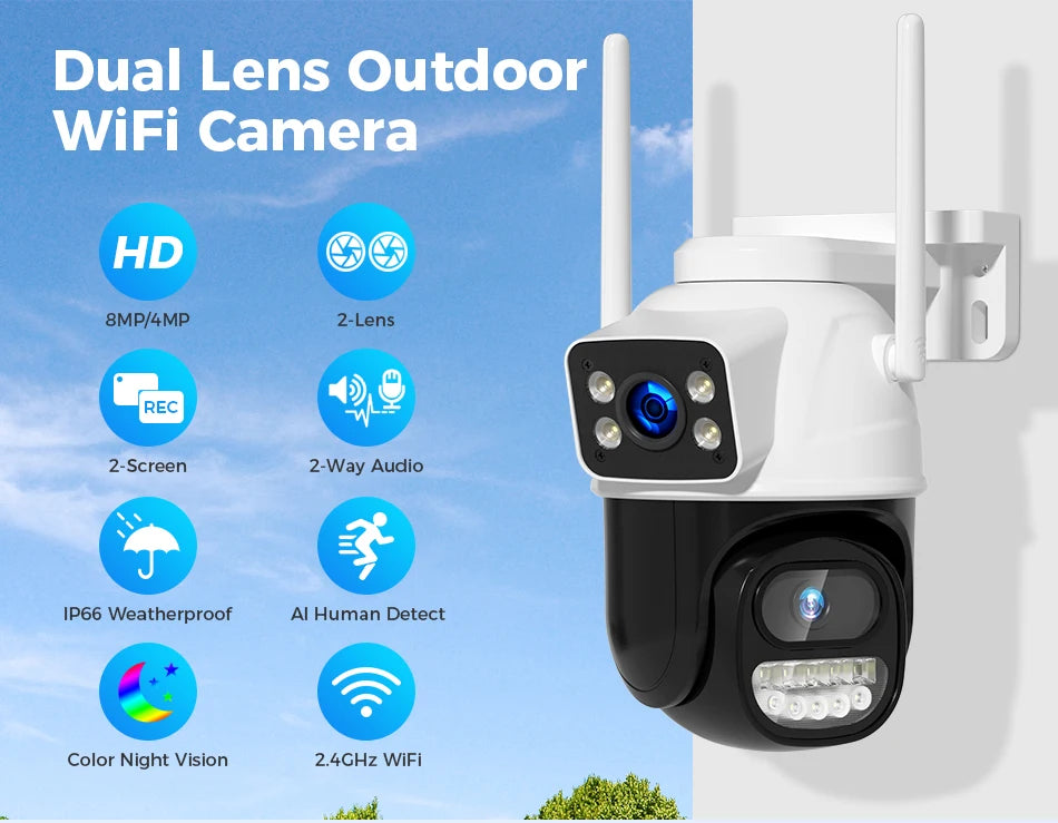 Hiseeu Wifi Surveillance Camera, Dual Lens, 4X Digital Zoom, AI Human Detect, ONVIF, Outdoor Security PTZ IP Cameras, 4K, 8MP