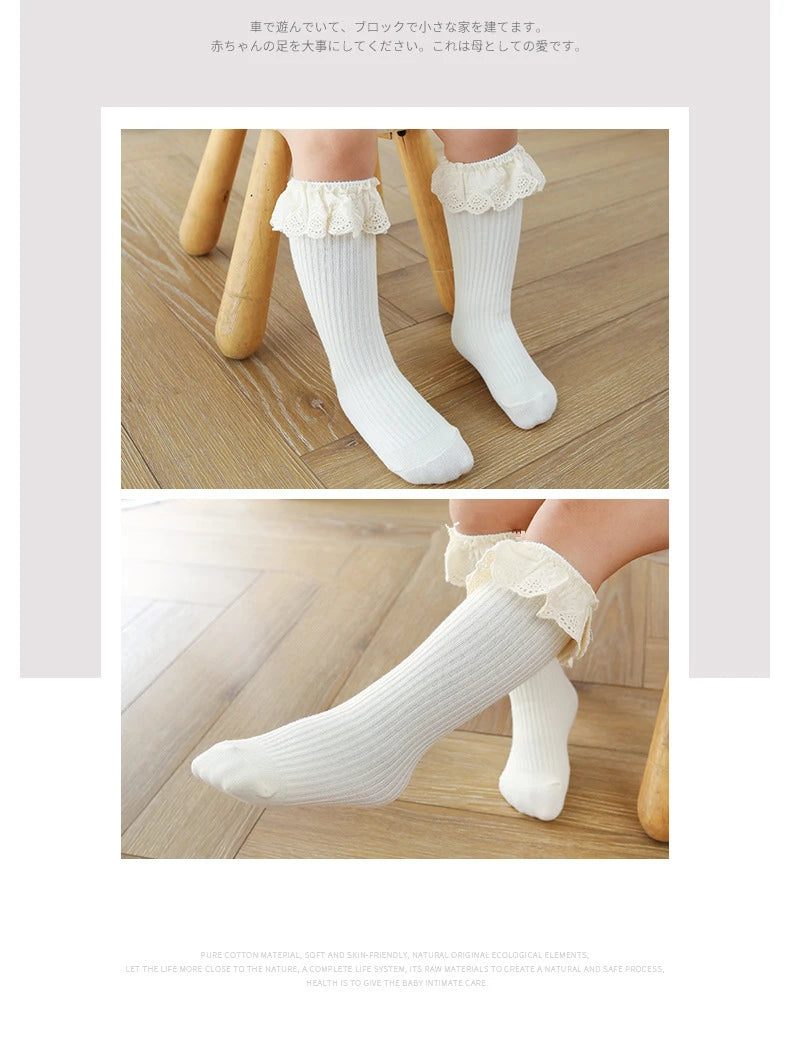 Baby Girls Knee High Socks Long Kids Soft Cotton Lace Stuff Princess Children Sock Ruffle Leg Warmers Cute Girl Socks For 0-8 Y