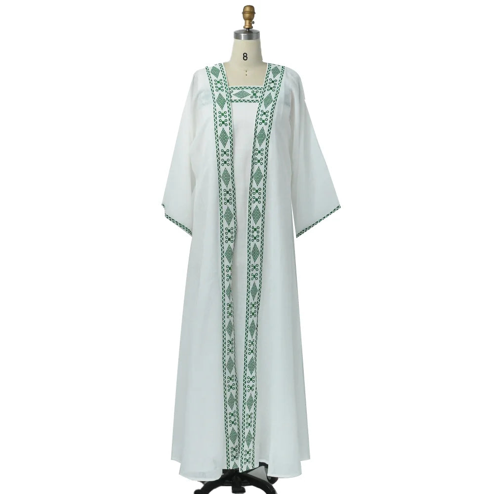 Elegant Embroidery Muslim Dress Ramadan Gurban Dubai Arab Two Piece Set Middle East Turkey Slash-Neck Fashion Abaya Clothing