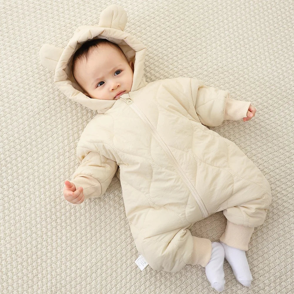 Baby jumpsuit Winter new plush and thick cotton clothes Newborn crawling clothes Baby and children's hooded outdoor clothes