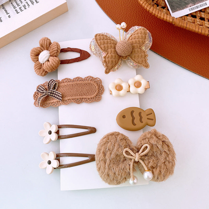 8pcs/set Sweet Girl Hair Clip Cartoon Bear Floral Bowknot Hair Pin for Toddler Girl Lovely Beige Coffee Color Kids Girl Headwear