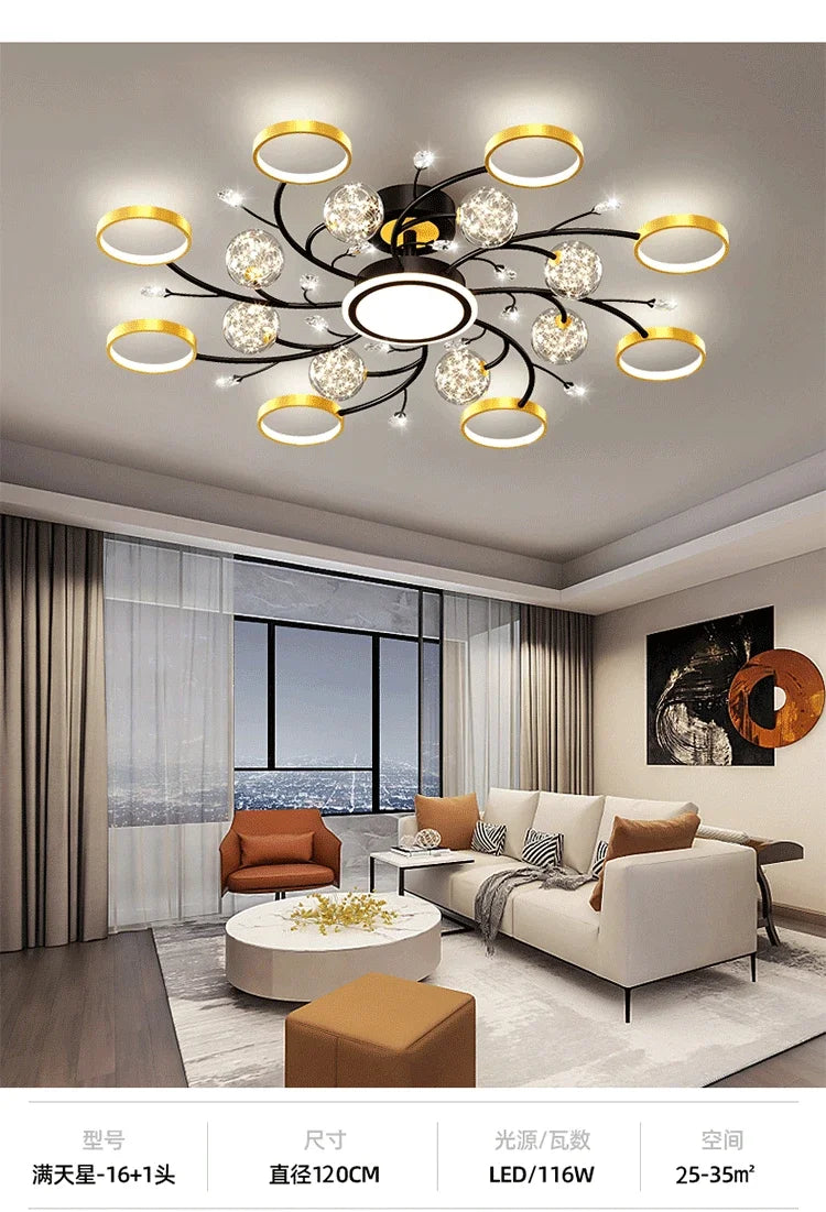 Nordic Living Room Modern Simple Atmospheric Luxury Ceiling Light Romantic Starry Sky Crystal Hall Chandelier Creative Black Art