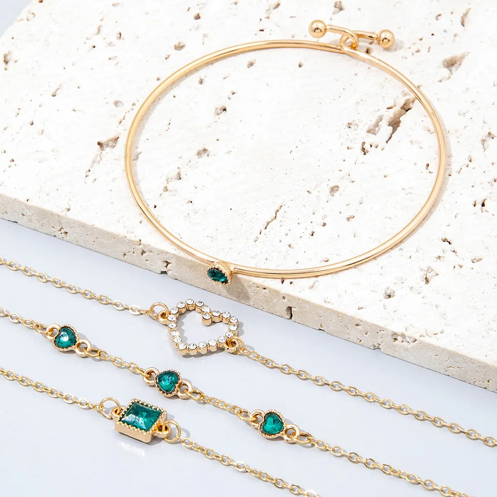 4Pcs Set Fashion Square Emerald Heart Bracelets for Women Charm Zircon Gold Color Bangles Wedding Bride Jewelry Accessories Gift