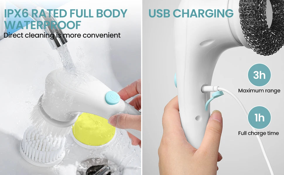 Electric Cordless Motorized Cleaning Brush and Five Interchangeable Brush-Heads,Handheld Power Shower Scrubber