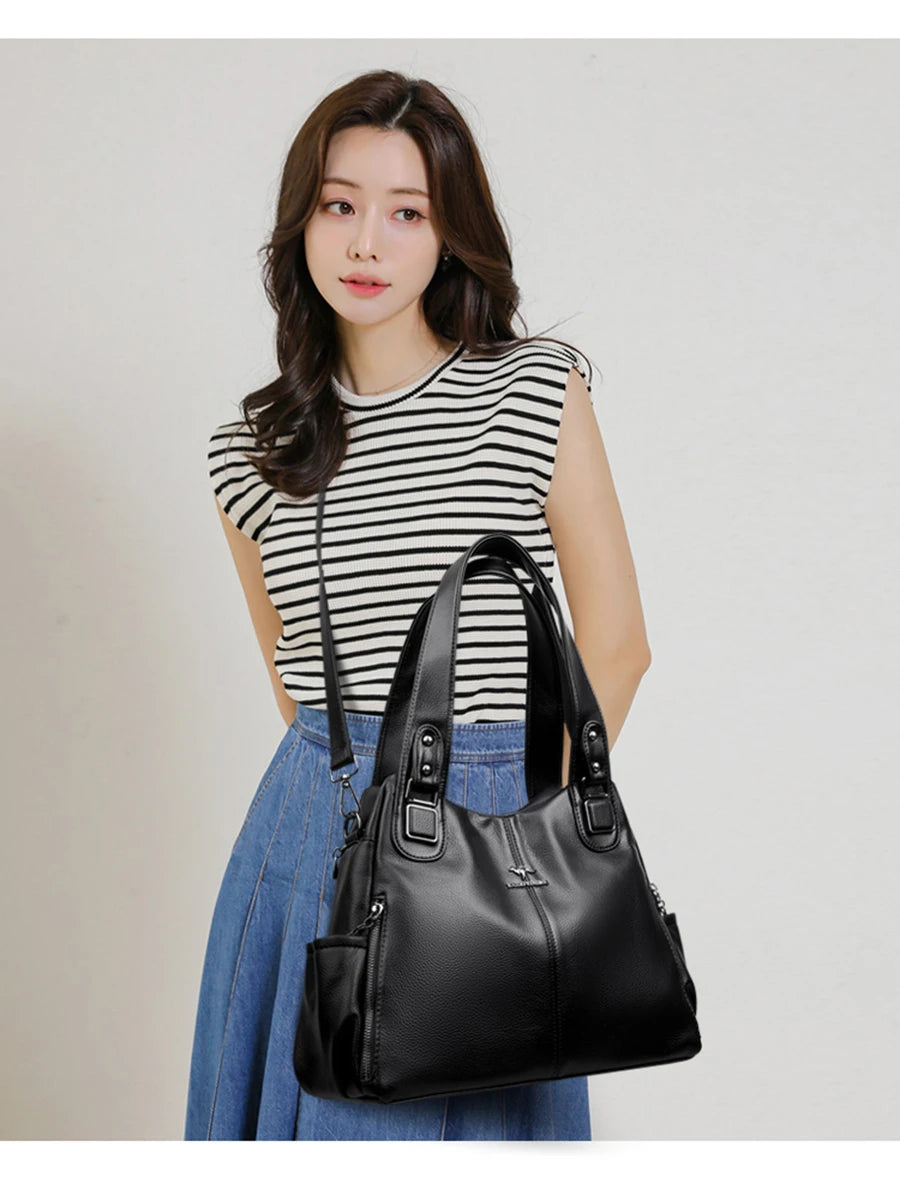 Genuine Soft Leather Handbags for Women Vintage Shoulder Tote Bag Luxury Designer Ladies Large Capacity Purse Bags Sac A Main