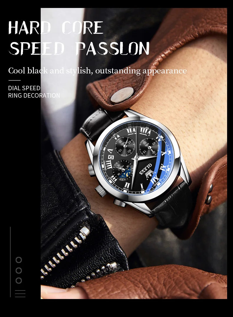 OLEVS Brand Men's Watches Chronograph Waterproof Calendar Quartz Male Watch Sports Leather strap Stainless steel Luxury Original