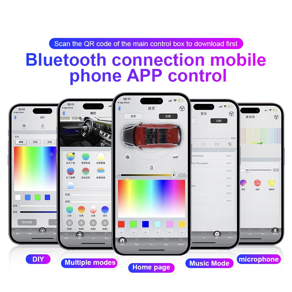 6/10/14/18 In 1 LED Dual Zone Symphony Streamer Car Ambient Light Interior RGB Neon Acrylic Strip Decoration Atmosphere Lamp 12V