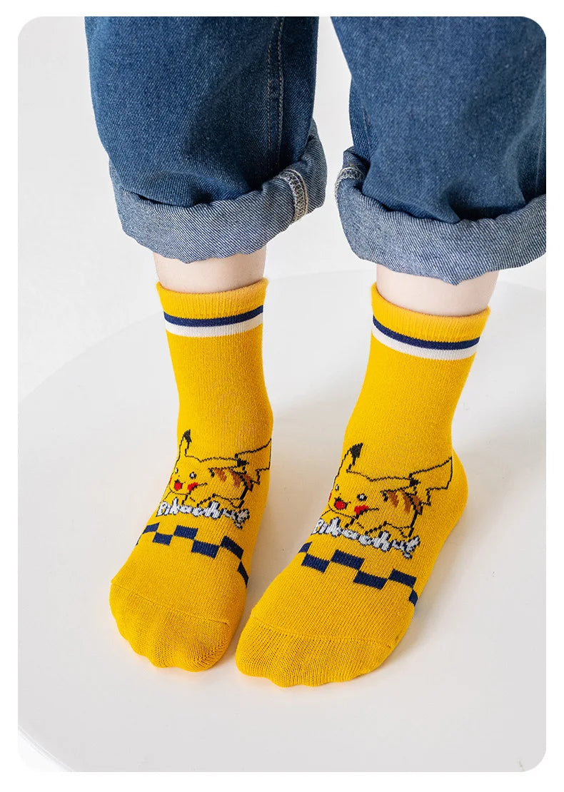 5 Pairs Pikachu Kids Socks Kawaii New Fall Winter Cartoon Boy Children Mid-calf Socks Cotton Sock for Boys Gifts