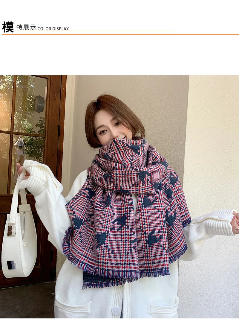 Fashion Brand Cashmere Scarf Women Winter Autumn Houndstooth Plaid Long Pashmina Cold Day Double-sided Tassel Thick Shawl Ladies