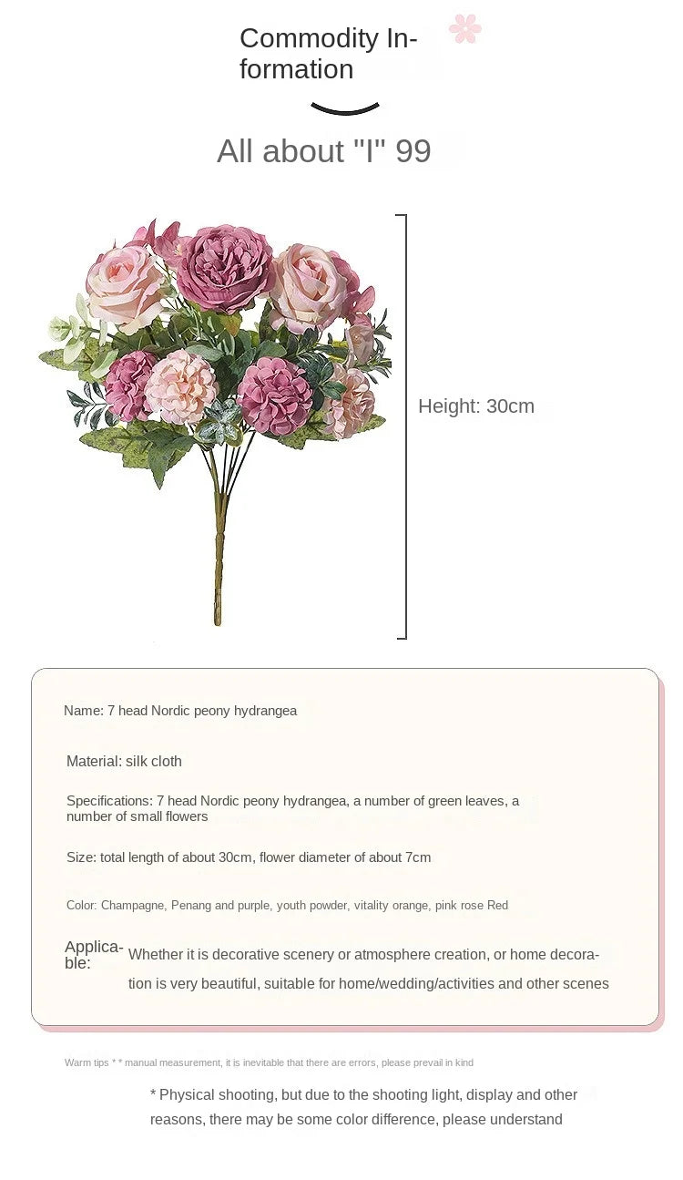 7 Heads Artificial Flowers Silk Peony Rose Hydrangea Bouquet Home Decorations Party Wedding Bride Fake Plants