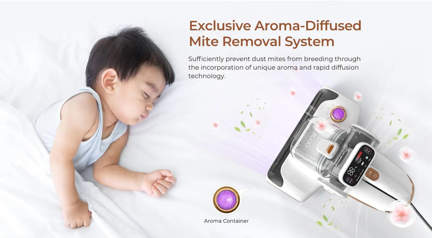 JIGOO T600 Dual-Cup Smart Mite Cleaner with Aroma-Diffuser System, 700W 15KPa Suction Dust Mite Sensor, UV Light Ultrasonic Tech