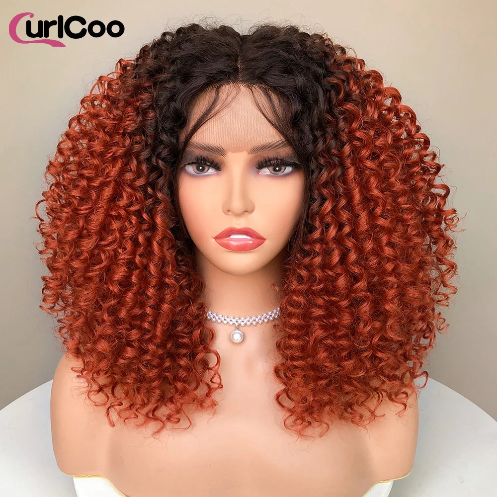 CurlyCoo Synthetic Curly Lace Front Wigs For Black Women Short Kinky Curly Bob Wig Ombre Natural Water Wave Cosplay Wig