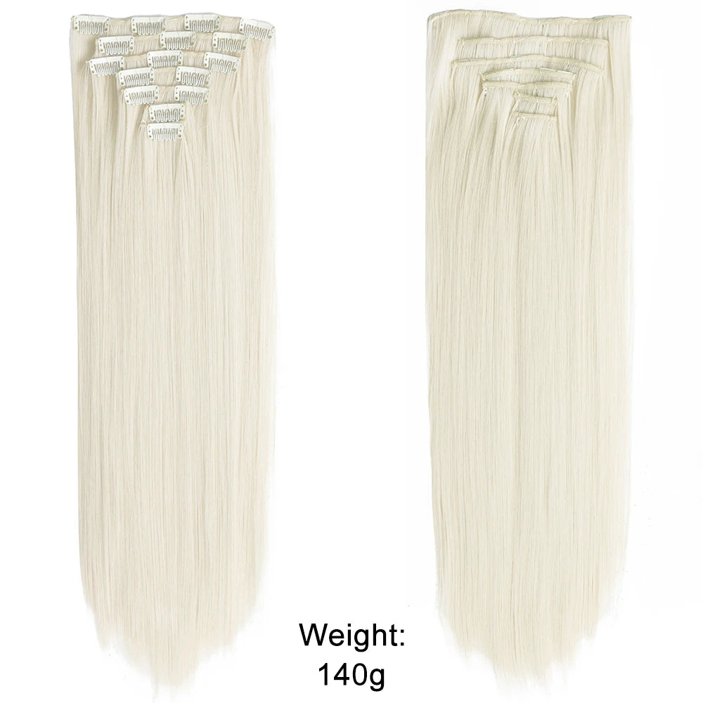 Long Straight Hairstyle 16 Clips 7Pcs/Set Hair Extensions Natural Synthetic Blonde Black Hairpieces Heat Resistant For Women