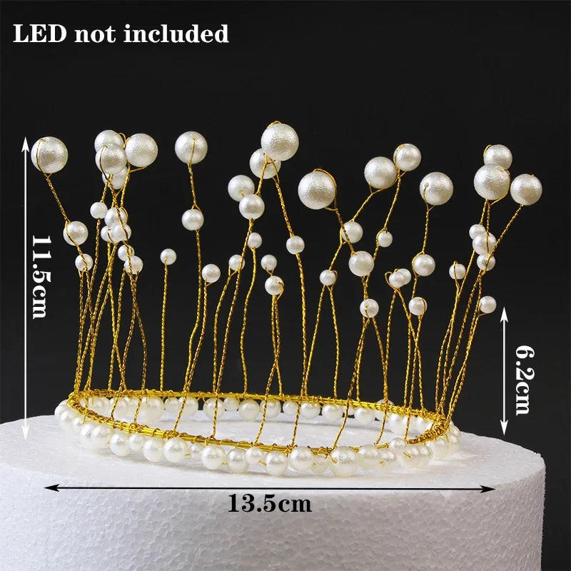 Shiny Handmade Pearl Princess Crown Cake Topper Wedding Decorating Bride and Groom Happy Birthday Hat Decoration