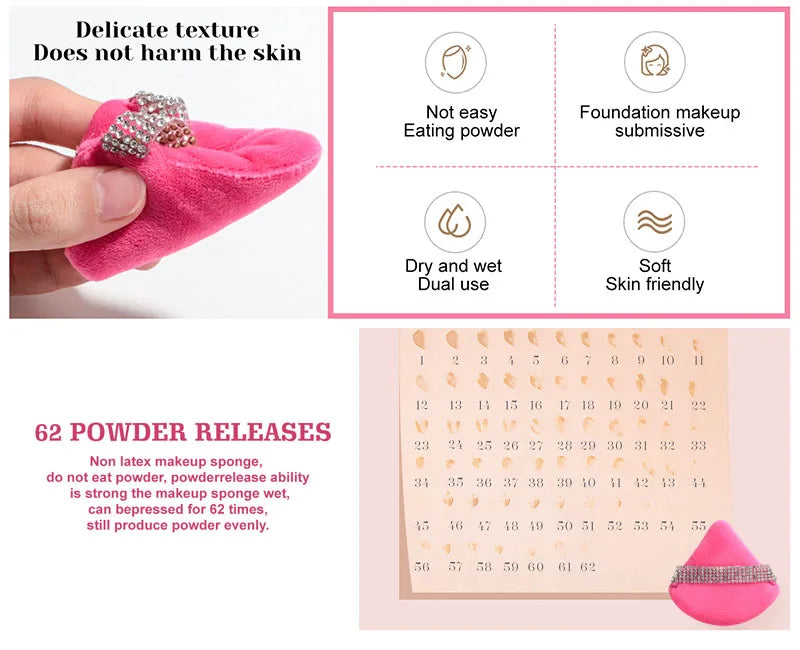 3Pcs Diamond Triangle Powder Puff Face Makeup Tool Sponge Velvet Soft Smooth Facial Beauty Makeup Sponge Cosmetics Accessories