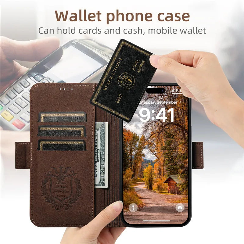 EUCAGR Magsafe Business Leather Wallet Phone Case For iPhone 12 13 14 15 Pro Max Plus 15Plus 14Pro With Flip Card Holder Cover