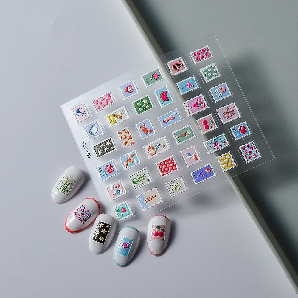 Post Stamp Design Nail Sticker Adhesive Sliders Textured Engraved Decoration Supplies FEB-505