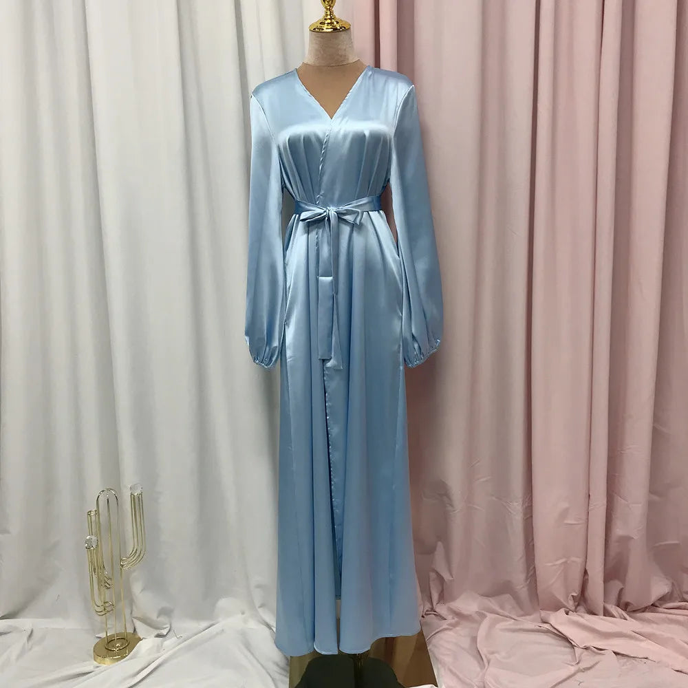 Ramadan Eid Fashion Silky Satin Muslim Abayas Robe Musulmane Abaya Cardigan Muslim Arab Worship Service Clothing Wy836