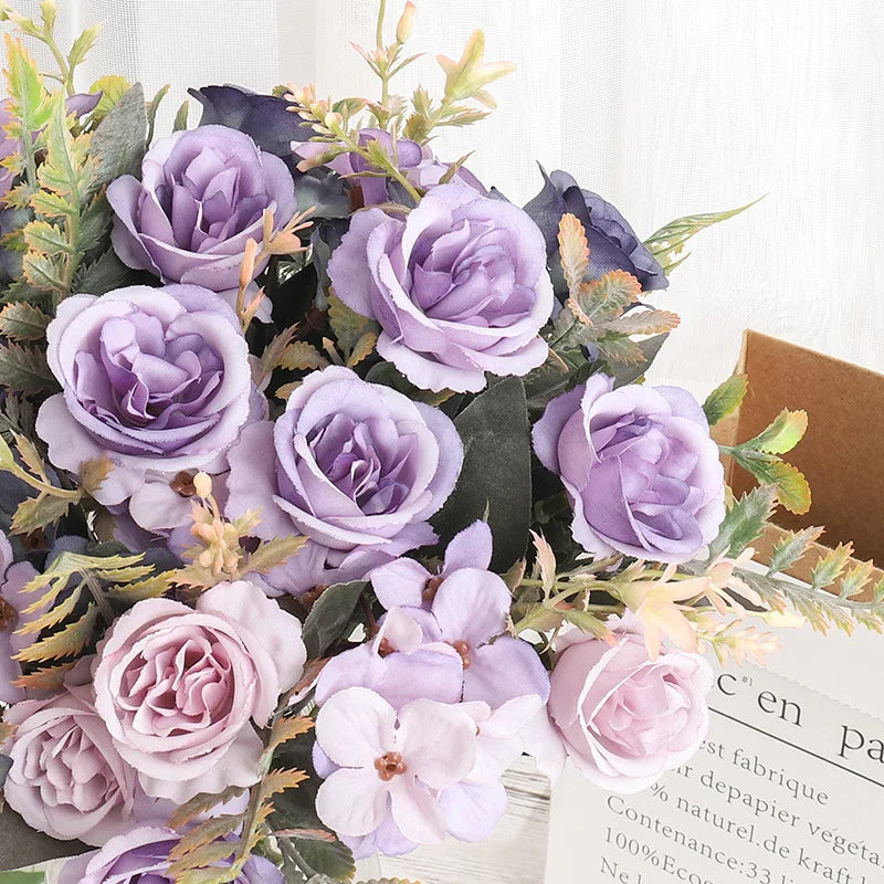 Beautiful Roses Autumn Artificial Flowers Silk Peony Hydrangea Big Bride Bouquet Wedding Home Party DIY Decoration Fake Flowers
