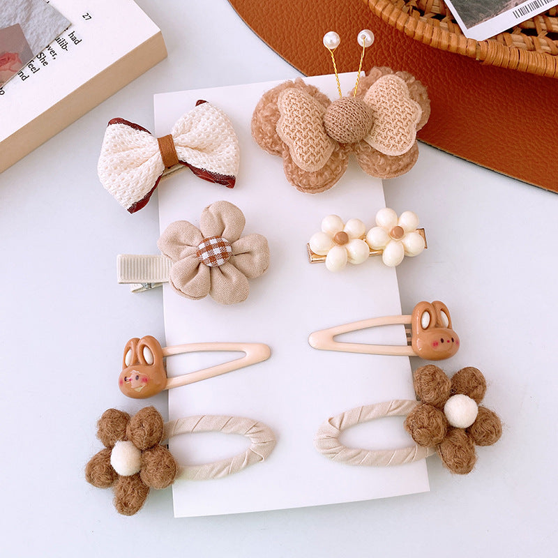 8pcs/set Sweet Girl Hair Clip Cartoon Bear Floral Bowknot Hair Pin for Toddler Girl Lovely Beige Coffee Color Kids Girl Headwear