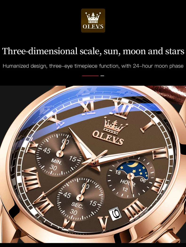 OLEVS Brand Men's Watches Chronograph Waterproof Calendar Quartz Male Watch Sports Leather strap Stainless steel Luxury Original