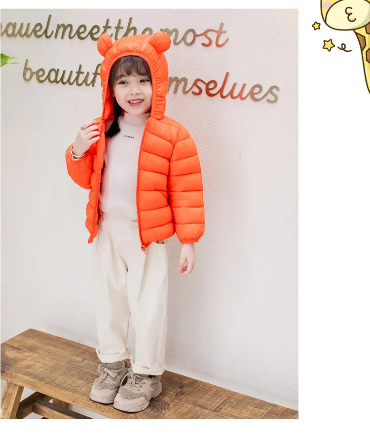 Cute Baby Girls Winter Clothes Kids Light Down Coats with Ear Hoodie Spring Girl Jacket Toddler Children Clothing for Boys Coat