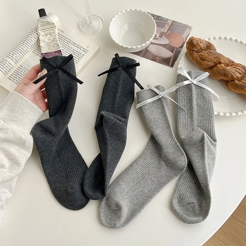 Japanese JK Sweet Bowknot Tied Middle Tube Socks Women Heel Bow Socks Casual Black White Pile Socks Girls Sports Cotton Socks