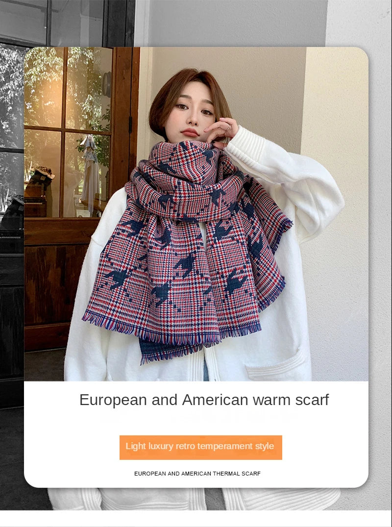 Fashion Brand Cashmere Scarf Women Winter Autumn Houndstooth Plaid Long Pashmina Cold Day Double-sided Tassel Thick Shawl Ladies