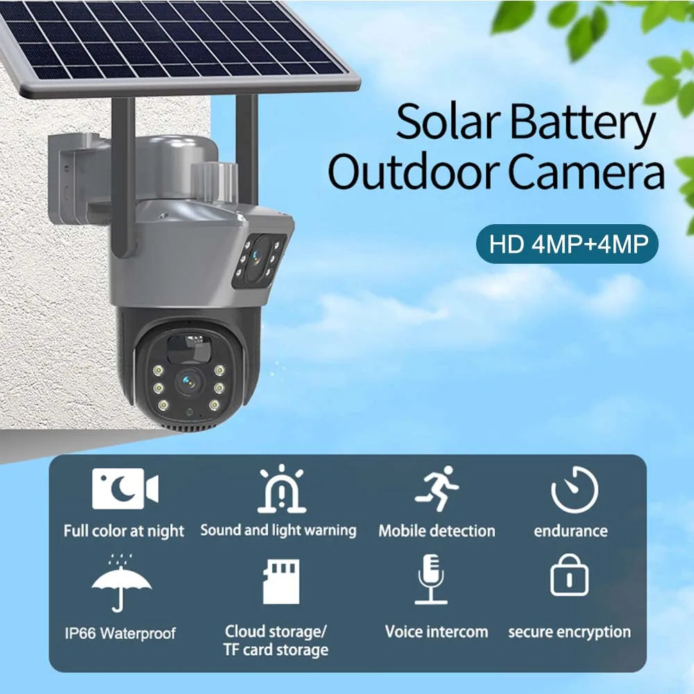 4K 8MP WiFi Solar Camera Outdoor Battery WiFi IP Cam Dual Lens Dual Screen Security-Protection Wireless Surveillance CCTV