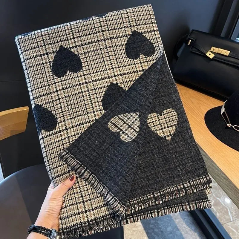 2023 New Double Side Cashmere Scarf Winter Women's Love Heart Plaid Ladies Long Thickened Warm Knitted Scarf Hijab Stole