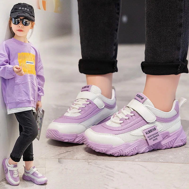 Spring New Kids Sneakers 2023 PU Girls Casual Mesh Solid Pink Light Boys White Hook & Loop Children Non-slip Sports Shoe Fashion