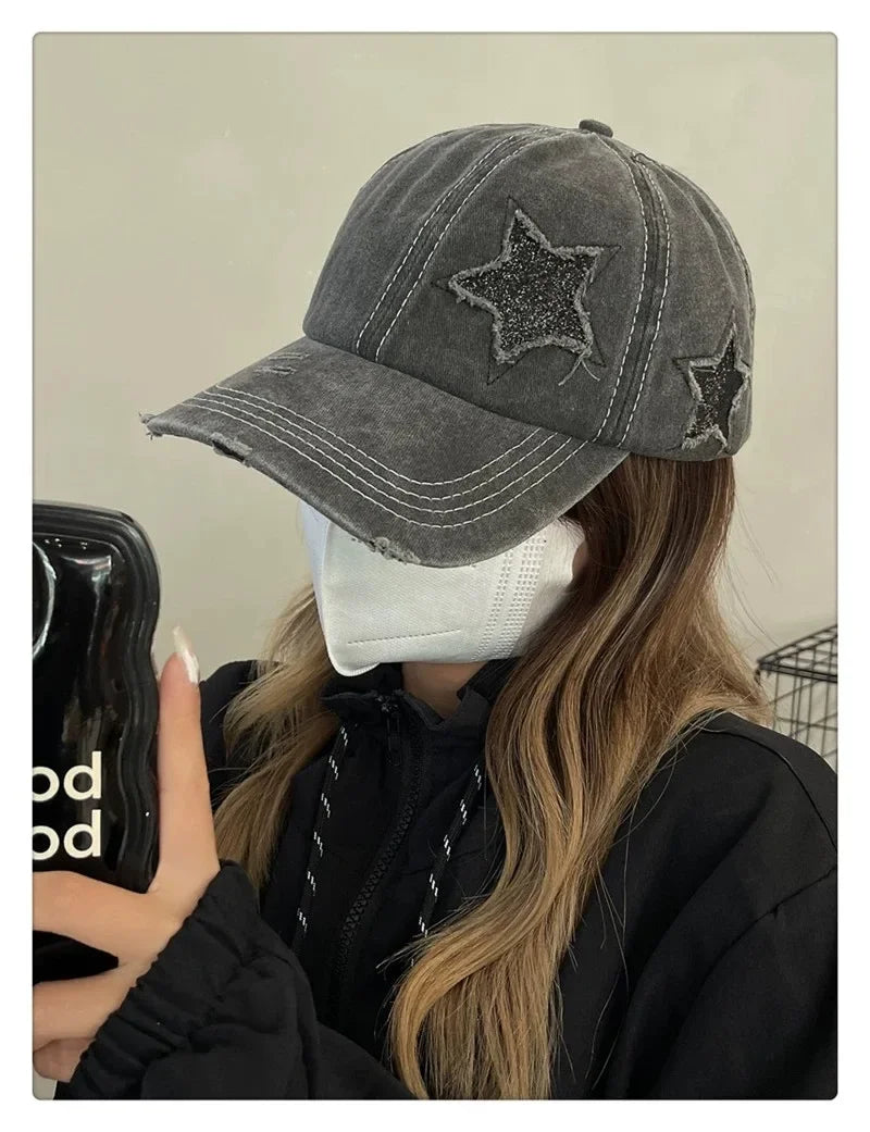 Retro Fashion Y2K Pentagram Washed Denim Hole Baseball Caps Four Seasons Fishing Hat Women Men Unisex