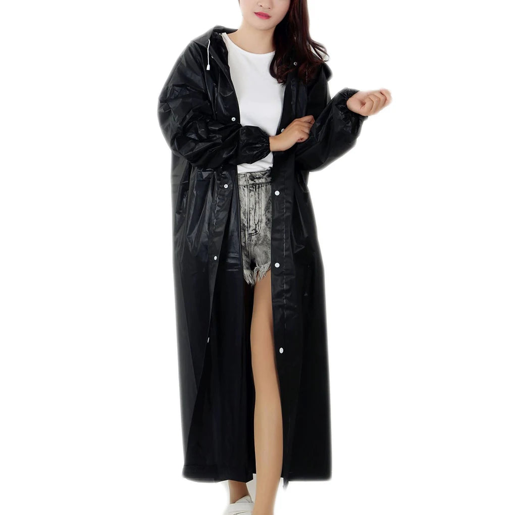 Adults Raincoat Waterproof Breathable Black Rain Suit Hooded Drawstring Clothes Rainwear Women Men Hiking Climbing Black