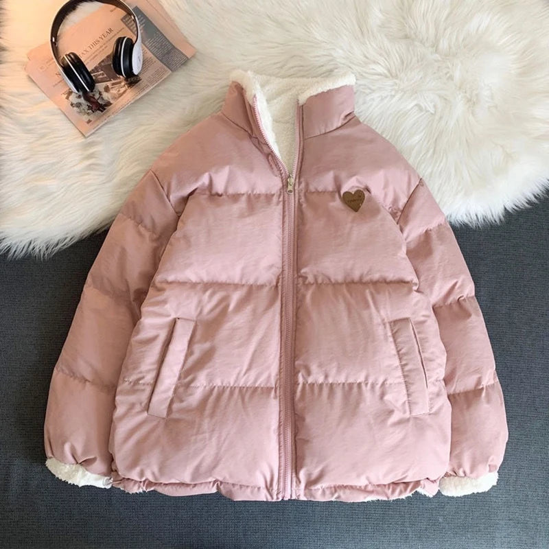 JMPRS Cute Embroidery Women Parkas Coat Winter Thick Hairy Korean Loose Warm Jacket Double Sided Design Pink Student Clothes