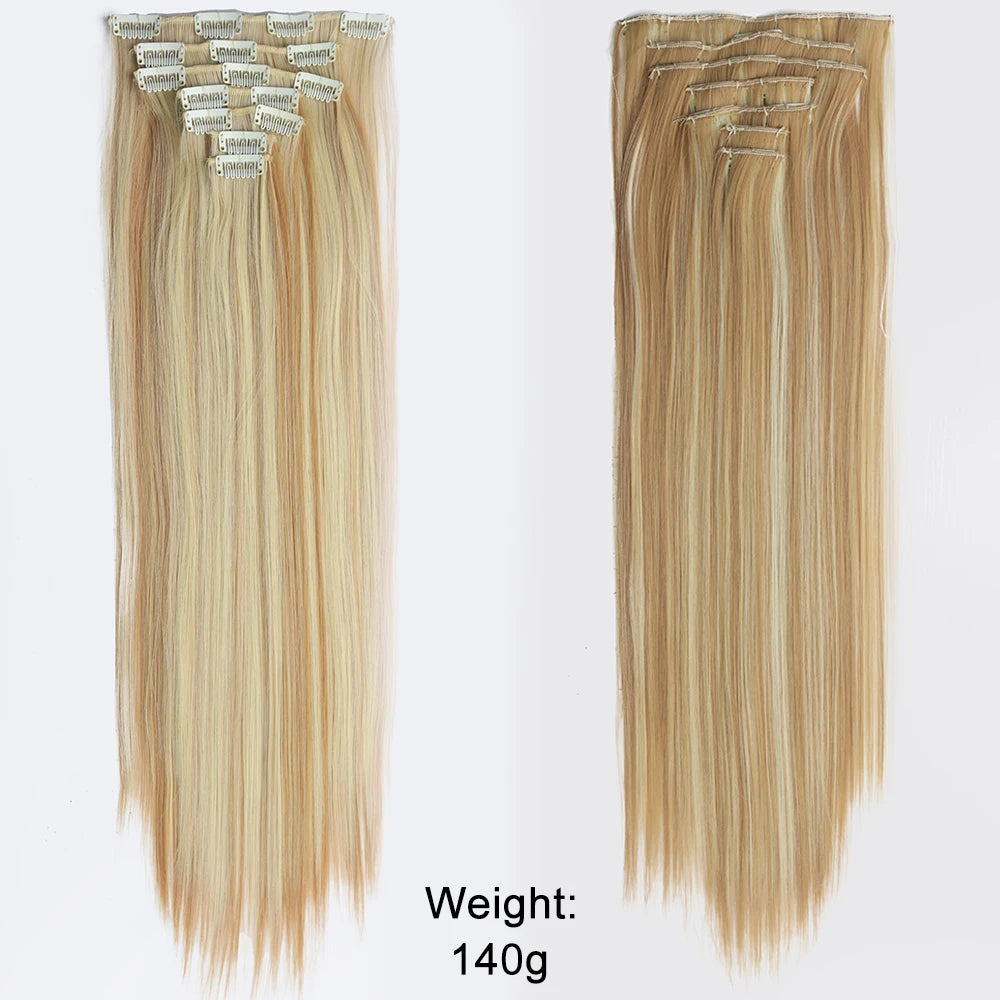 Long Straight Hairstyle 16 Clips 7Pcs/Set Hair Extensions Natural Synthetic Blonde Black Hairpieces Heat Resistant For Women