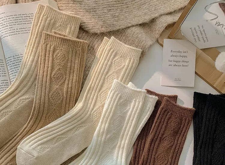 Autumn and Winter Diamond Check Wool Socks Coffee Color with Solid Color Women's Socks in The Tube Women's Warm Cotton Socks