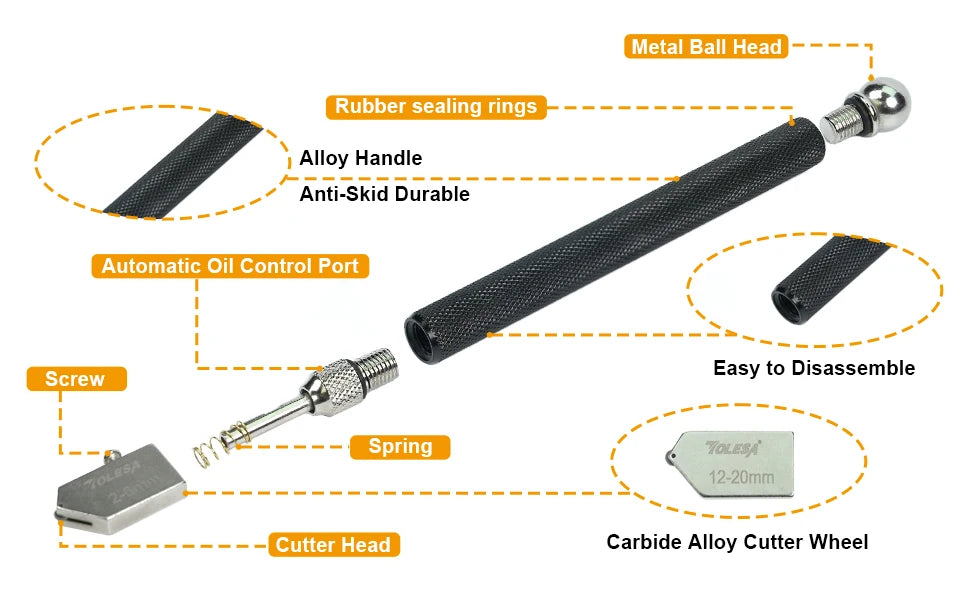 TOLESA Glass Cutter 2mm-20mm Kits, Glass Cutting Tool with Aotomatic Oil Feed and Box, Glass Cutter for Mirrors/Tiles/Mosaic