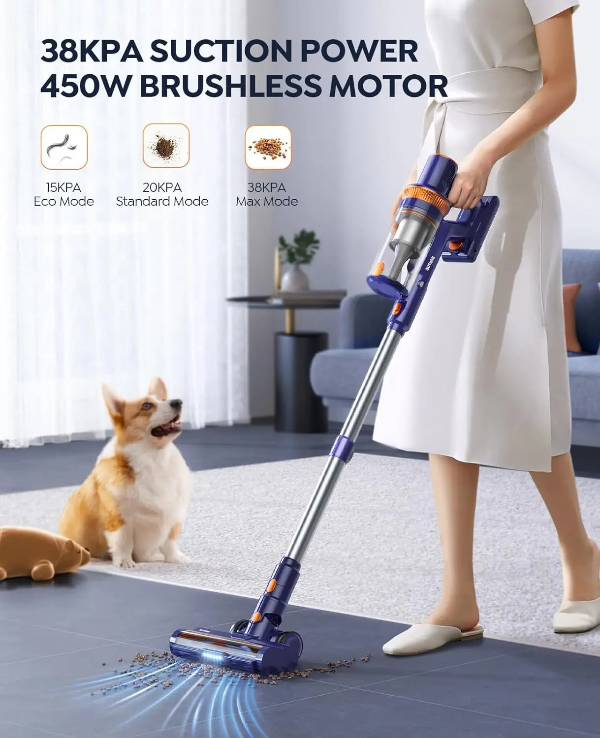 BUTURE 450W 38Kpa Suction Power Handheld Cordless Wireless Vacuum Cleaner for Home Appliance 1.2L Dust Cup Removable Battery