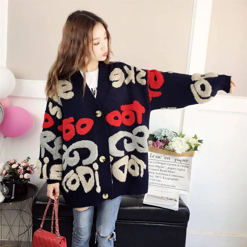 Slouchy Style Sweater Women's Cardigan Loose Autumn and Winter Korean 2023 New Style Outerwear Knitted Jacket Medium Length