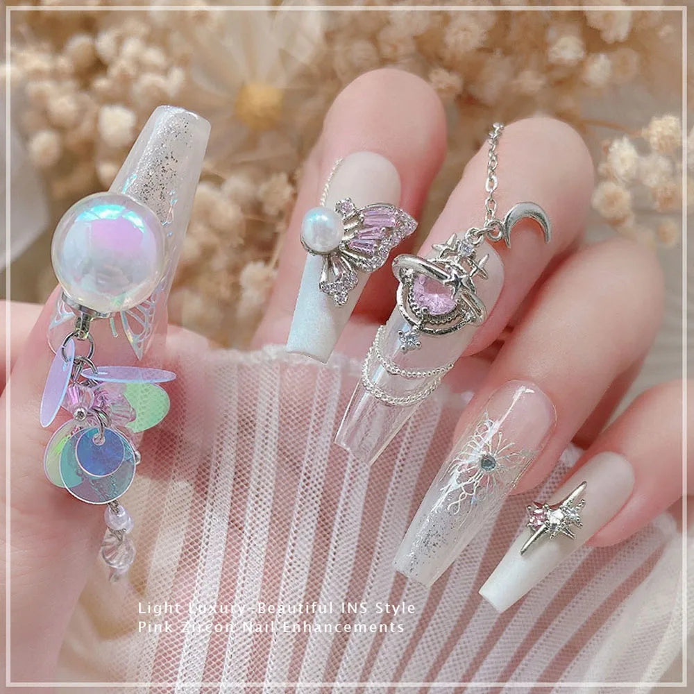 5 Pcs Zircon Pink Nail Charms Wholesale Luxury Diamond Inlaid 3D Bow Heart Butterfly Nail Charms Chain Manicure Accessories