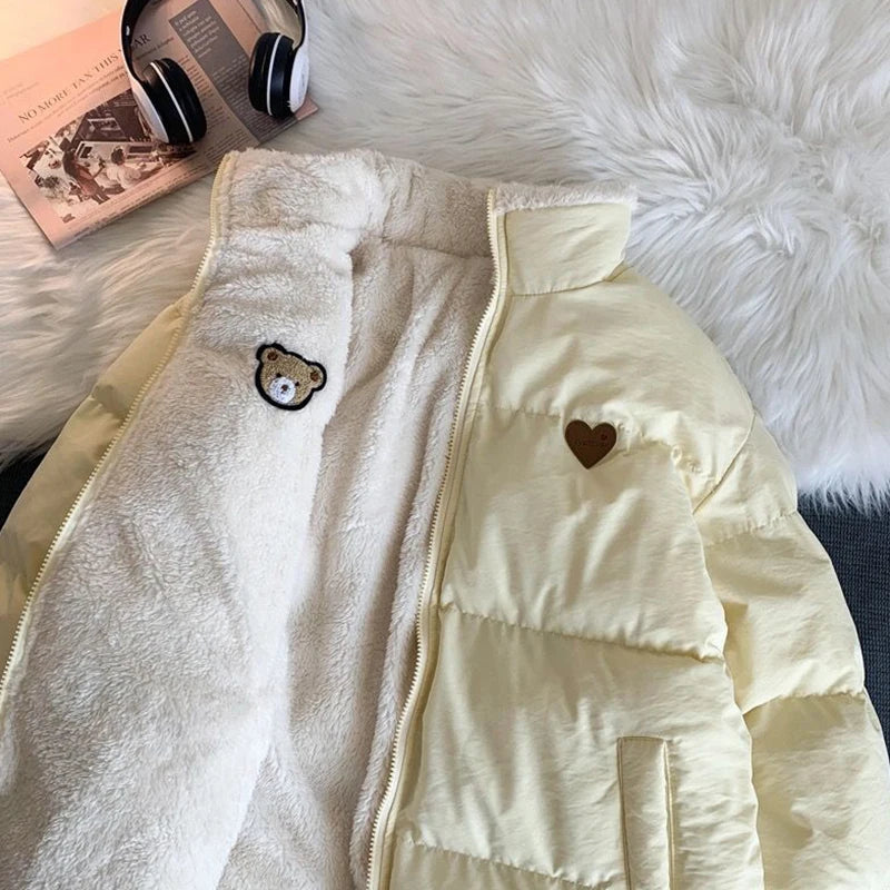 JMPRS Cute Embroidery Women Parkas Coat Winter Thick Hairy Korean Loose Warm Jacket Double Sided Design Pink Student Clothes