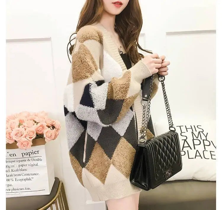 Slouchy Style Sweater Women's Cardigan Loose Autumn and Winter Korean 2023 New Style Outerwear Knitted Jacket Medium Length