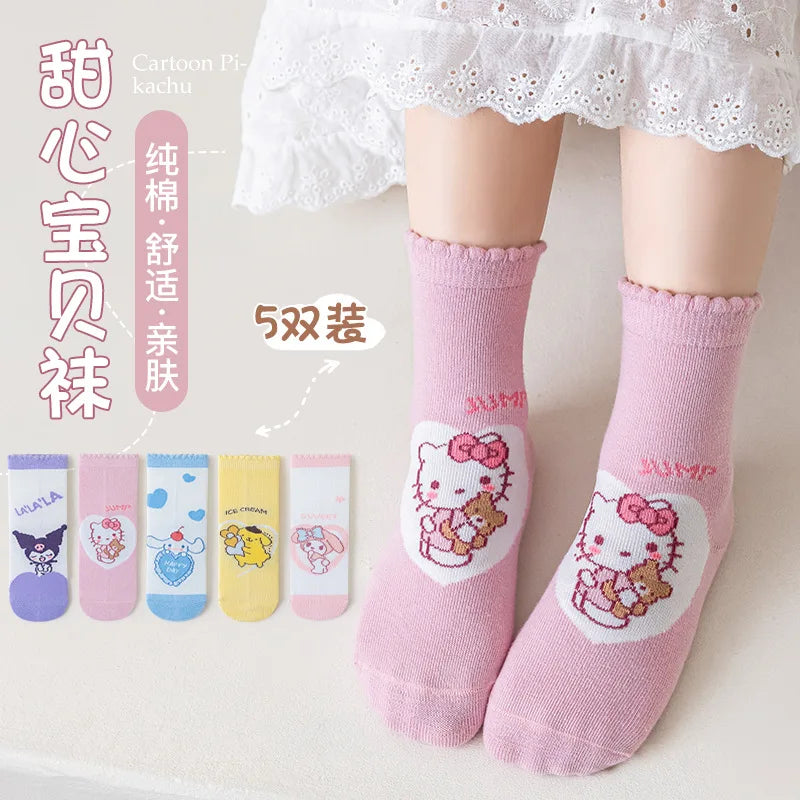 5 Pairs Sanrio Kids Socks Kuromi Kawaii New Fall Winter Cartoon Girl Children Mid-calf Socks Cotton Sock for Girls Gifts