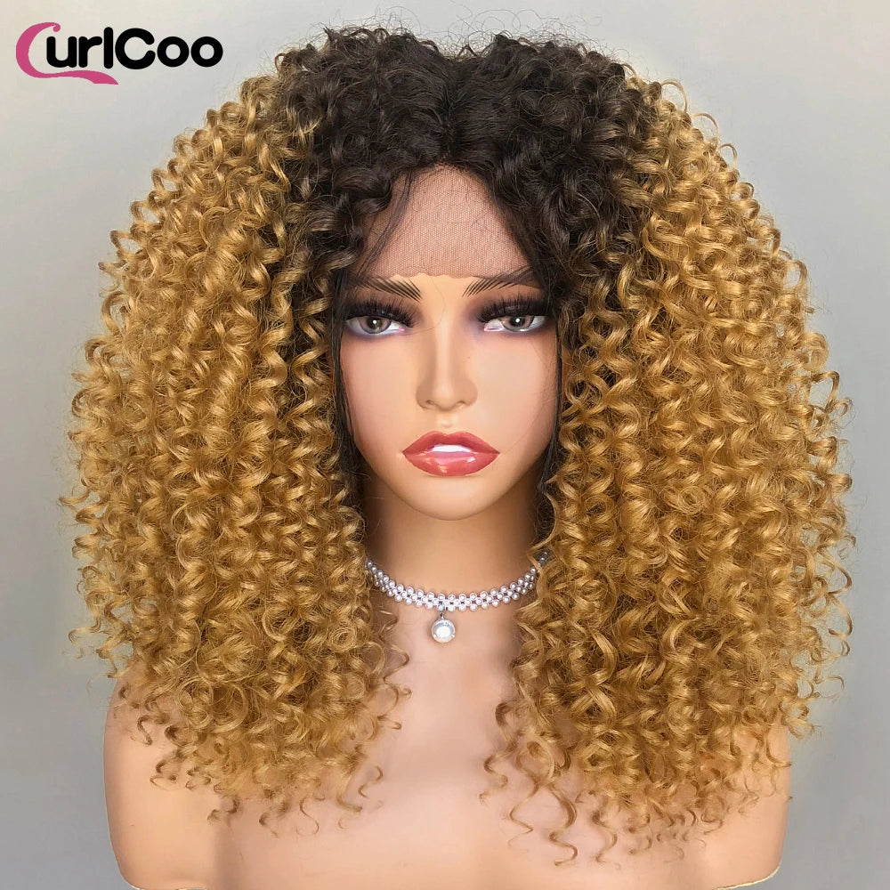 CurlyCoo Synthetic Curly Lace Front Wigs For Black Women Short Kinky Curly Bob Wig Ombre Natural Water Wave Cosplay Wig