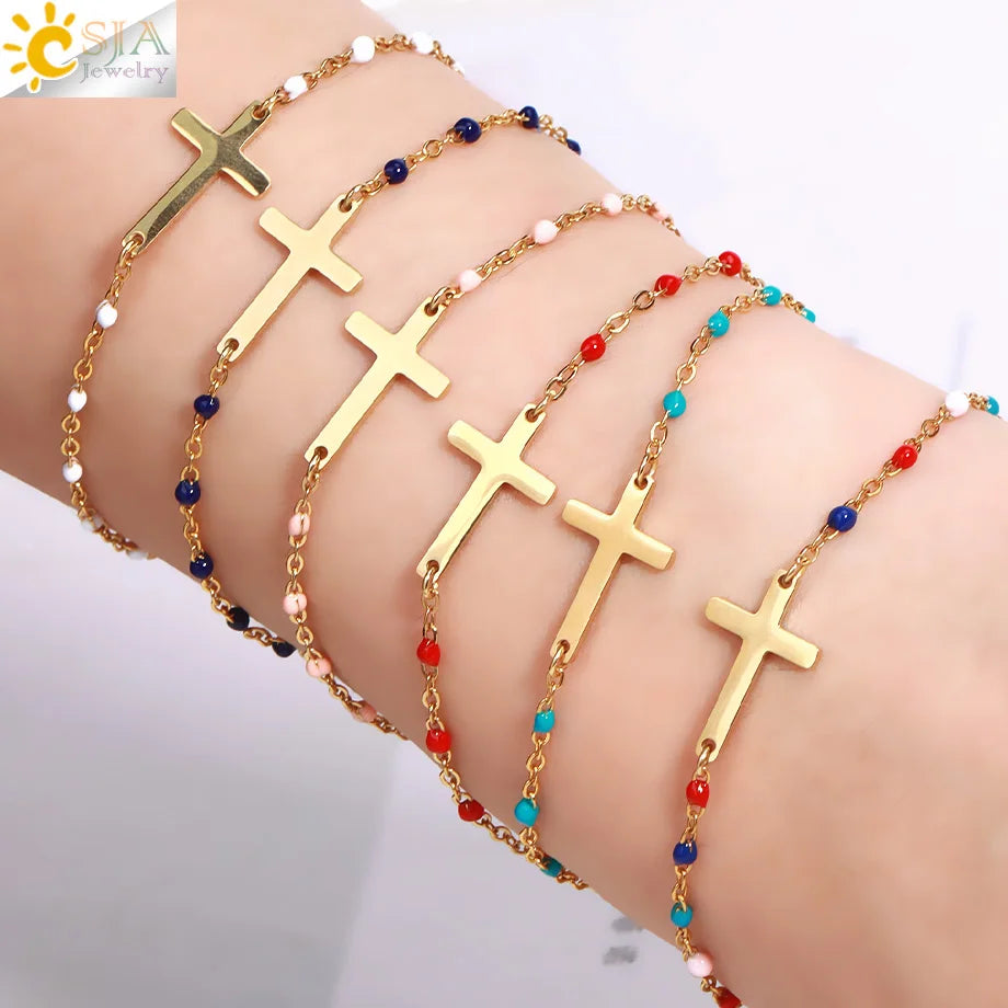 CSJA Fashion Thin Chain Stainless Steel Bracelet for Women Gold Color Cross Charm Enamel Bracelets Summer Jewelry Gift T100