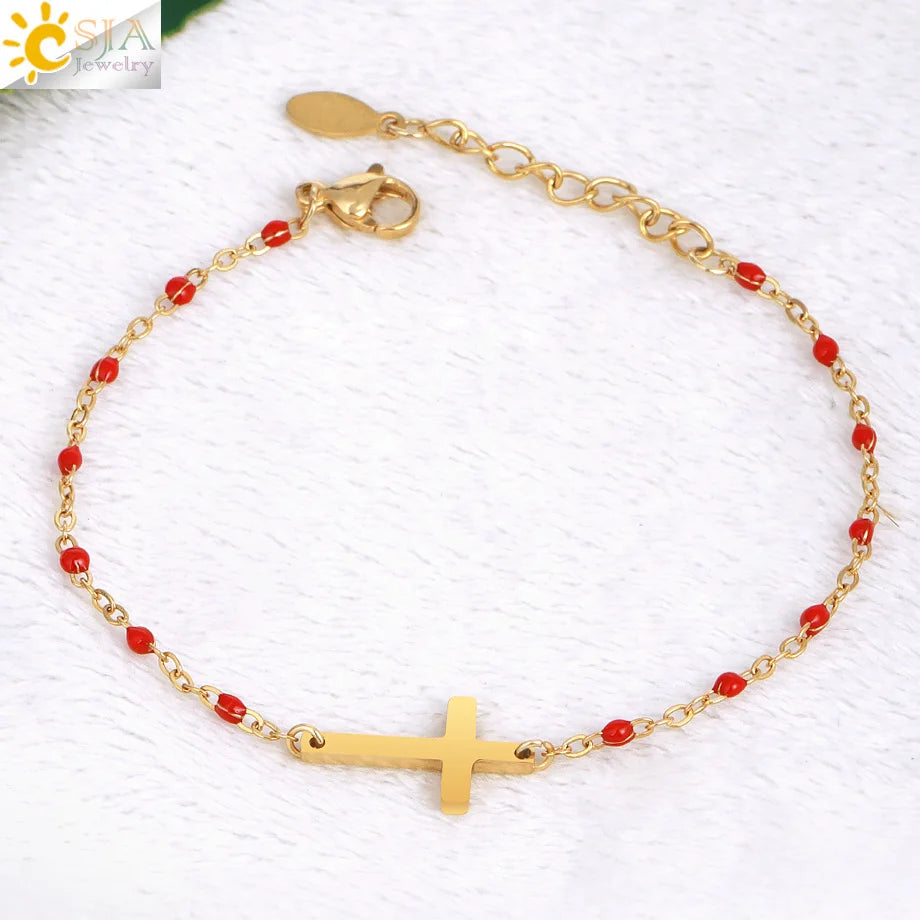 CSJA Fashion Thin Chain Stainless Steel Bracelet for Women Gold Color Cross Charm Enamel Bracelets Summer Jewelry Gift T100